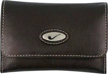 Tobakspung i sort læder med syninger og pibe logo